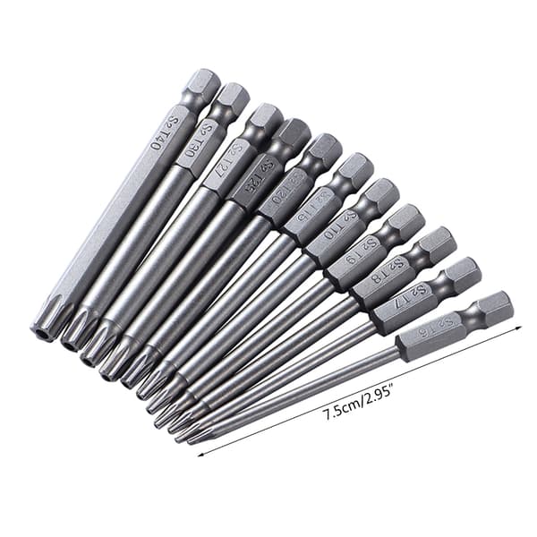 11 stk. Torx skruetrækkerbitsæt 6,35 mm skaft magnetisk hoved skruetrækkerbit