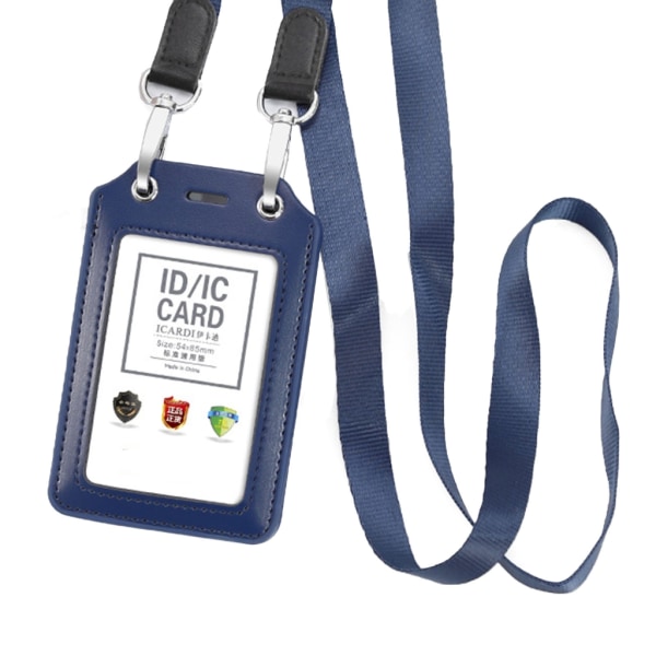 Pu Lær Merker Holder Clear Window Strap Lanyard Kontorarbeid Studenter Blue