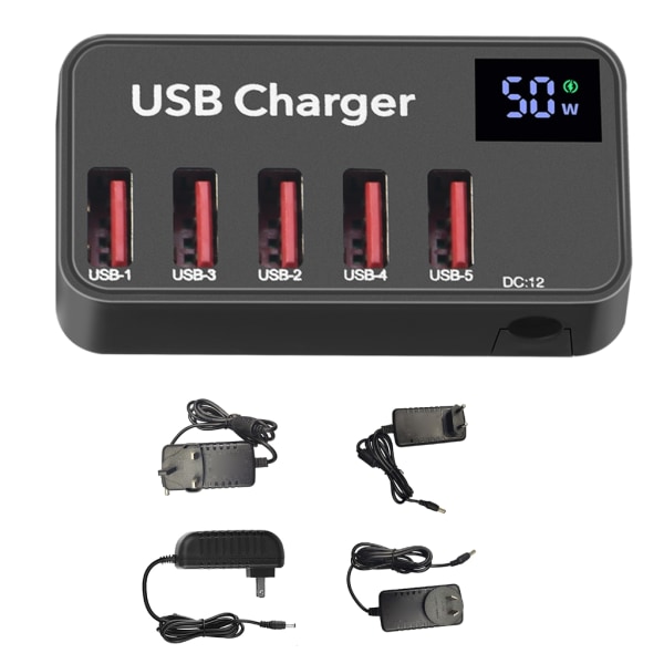 5 portar 50W USB PD Quick Charge Mini USB Charger Hub Snabbladdningsstation med LED för mobiltelefon Tablet PC Universal null - UK