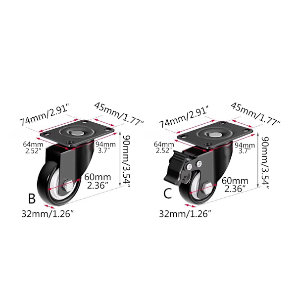 Huonekalupyörät 2,5" universal kierteitetyt pyörät Yksinkertainen asennus null - B