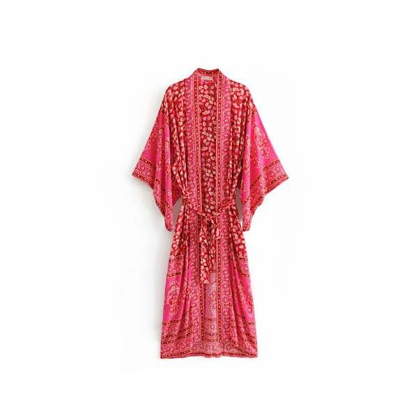 Dam Chiffon Kimono Cardigan Bohemisk Retro Röd Paisley Blommig