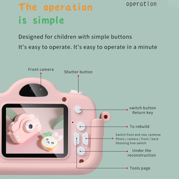 Digitalkamera för barn, Selfie-fotokamera, 2,0 tums skärm 2000 W pixlar med främre och bakre lins för pojkar och flickor Pink - A