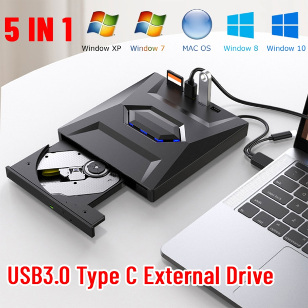 5 in1 USB3.0 Typ C Extern DVD ROM VCD Optisk enhet eller House CD Rewriter Drive för Win XP/10/8/7 bärbar dator