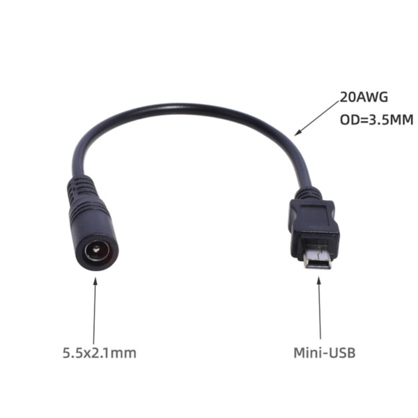 DC 5.5x2.1 hona till mini USB hane-kabel 5521 Power Jack DC Power Connector- 5.5x2.1 adapter Mini USB -omvandlare