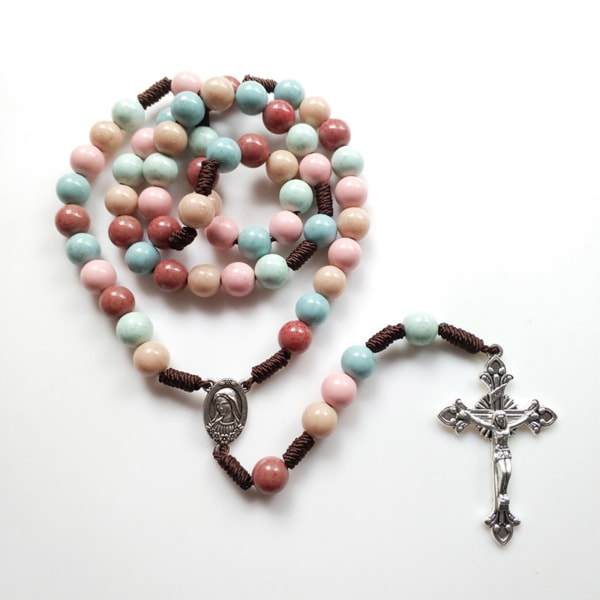 Handgjord sträng katolsk rosenkranshalsband Rund pärla Religiös Heliga Maria Jesus för korshalsband för män Kvinnor Smycken