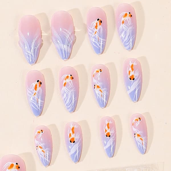 24-delt Press On Manicure Sæt Blå Gradient Fiskestil Blomster Neglekunst