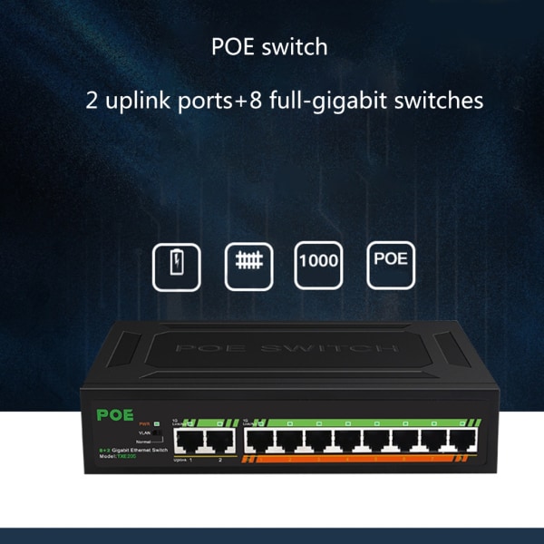 8-portars Gigabit PoE-switch +2-upplänkar 1000M inbyggd power VLAN Lsolation