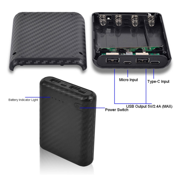 4x18650 Power Bank-skal Cover Mobilt Power Case Gör-det-själv-skal Förvaringslåda Lätt och hållbar typ-c/mikro användning Black