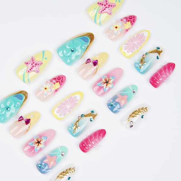 3D Blomster Mandel Press On Manicure Sæt i Blød Gradient Fransk Stil
