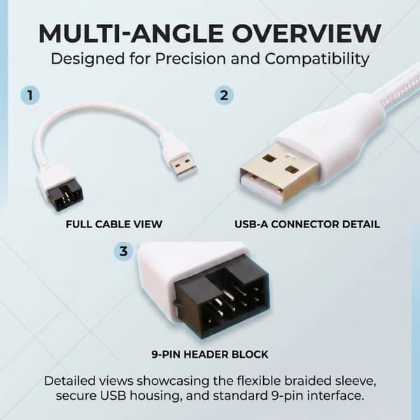 USB A Header-kabel, 20 cm 9-benet hvidt ærmetråd til stationær computer