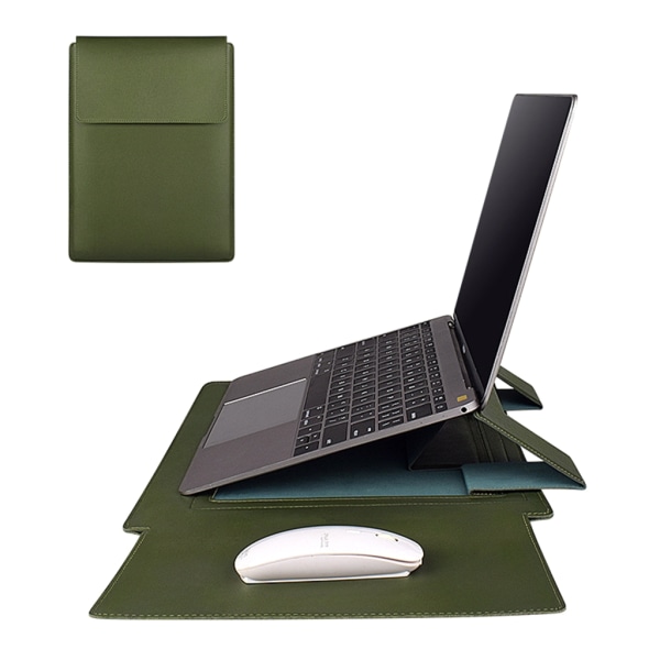 Case för bärbar dator i PU-läder 13/13,3/ 14/15,4 tum Notebook- cover Notebook-fodral Väska Vikbart stativ Musmatta 3 i 1 Army Green 13.3-inch