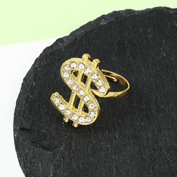 Kristall Dollartecken Ring Pengar Symbol Ring Hip Hop Smycken Rapper Punk Kostym Rekvisita Gyllene Justerbar Öppen Ring
