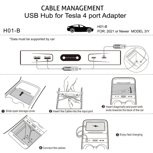 Dataöverföringsadapter 27W Typ C Snabbladdning USB Expansionsshunt För modell 3/Y