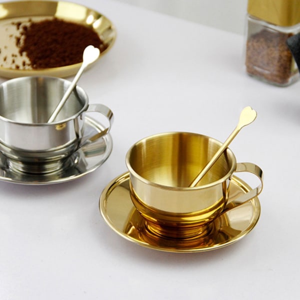 Dobbelt væggede Isoleret Kaffe Kopper Sæt Retro Kaffe Latte Te Kopper med Ske og Underkop til Latte, Mælk, Te, Espresso Silver