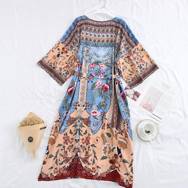 Kvinnors strandbadkläder täck upp Boho blommigt tryckt öppen framsida Kimono kofta Lon