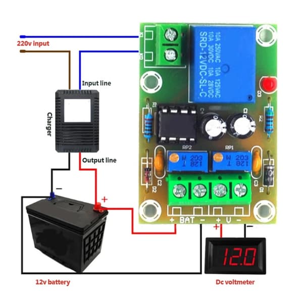Automatisk 12V batteriladersystem starter lading ved 10.5V og slutter ved 14.8V