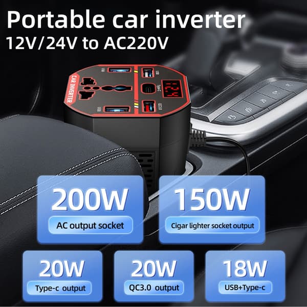 200W Bilstrømomformer, DC12V 24V til 220V Bilpluggadapter LED-skjerm