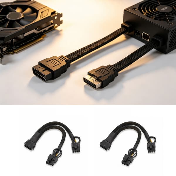 Kort PCIe-strømkabel til GPU og kabelføring i computerkabinet