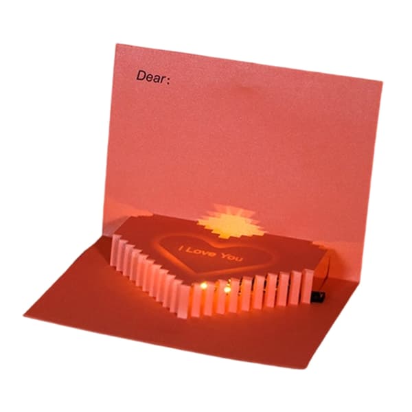 Opptakbart 3D-hjertegratulasjonskort med glødende lys og rosa design