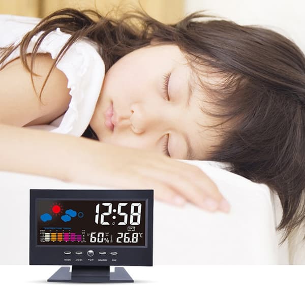 Klimamonitor med stort display, temperaturvisning, ur, kalender og alarm