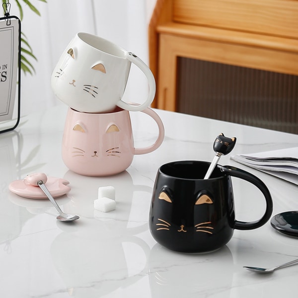 Lovely Kitty Theme Lock och rostfritt stålsked med Kitty for Head Tekopp Mjölkmugg Passar för hemmakontorspar Slitstark Pink