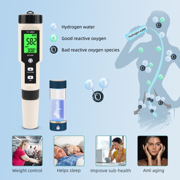 Højpræcisions H2 Måler Digitalt Hydrogenmeter med Data Hold til Akvarier