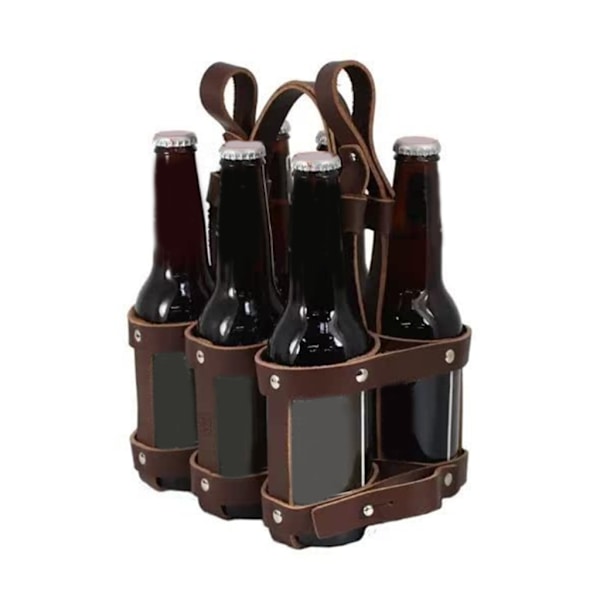 Bæreveske for ølflasker med håndtak, sammenleggbar bæreveske for flasker, rommer 6 flasker Leather brown