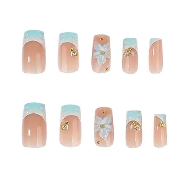 Bryllups Press On Manicure Sæt med Blå Hvid Blomsterstyling