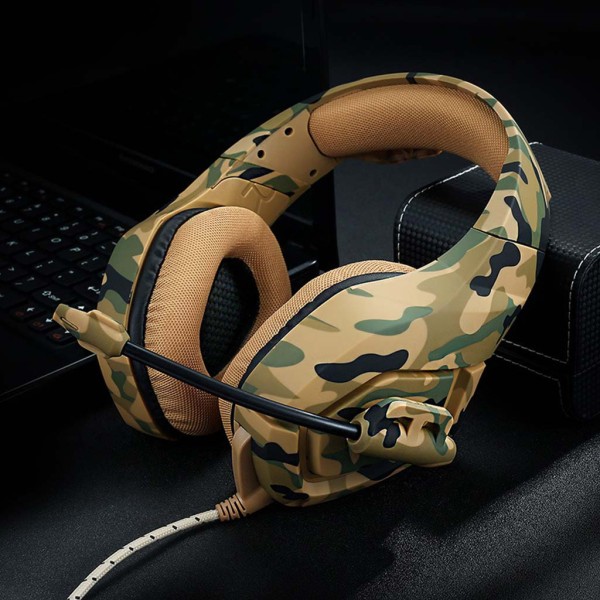 Universal Switch Gaming Headset Stereo Wired Over Ear-hörlurar med One Key Microphone Mute Camouflage-hörlurar Yellow