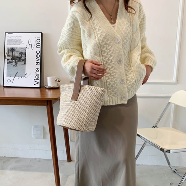 Bucket-rantalaukut naisille Straw Travel Beach Tote Bag Woven Summer Tote Khaki