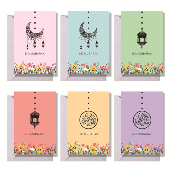 6st tecknad muslimsk figur print Eid Mubarak gratulationskort med kuvert och klistermärken Vikbar kyrka Ramadan inbjudan anteckningskort null - A