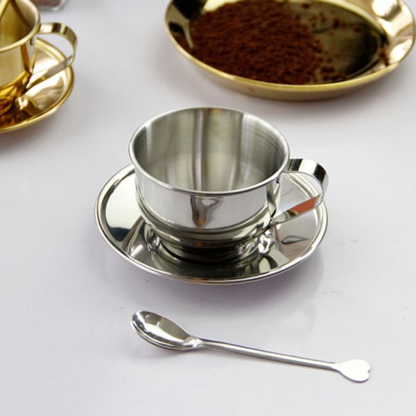 Dobbelt væggede Isoleret Kaffe Kopper Sæt Retro Kaffe Latte Te Kopper med Ske og Underkop til Latte, Mælk, Te, Espresso Silver