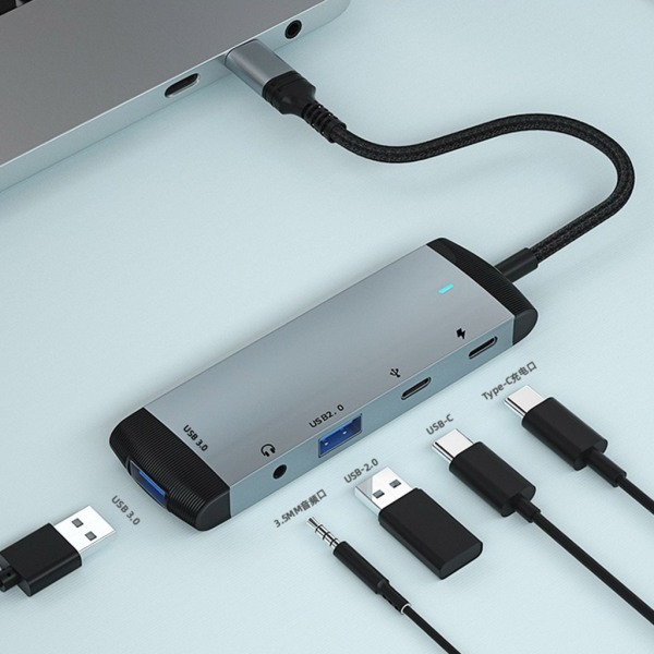 5-i-1 Typ C Ultrasnabb dockningsstation USB 3.0/ USB 2.0/3.5mm 60W PD Charging Multiple Data Transfer Hub för bärbar dator