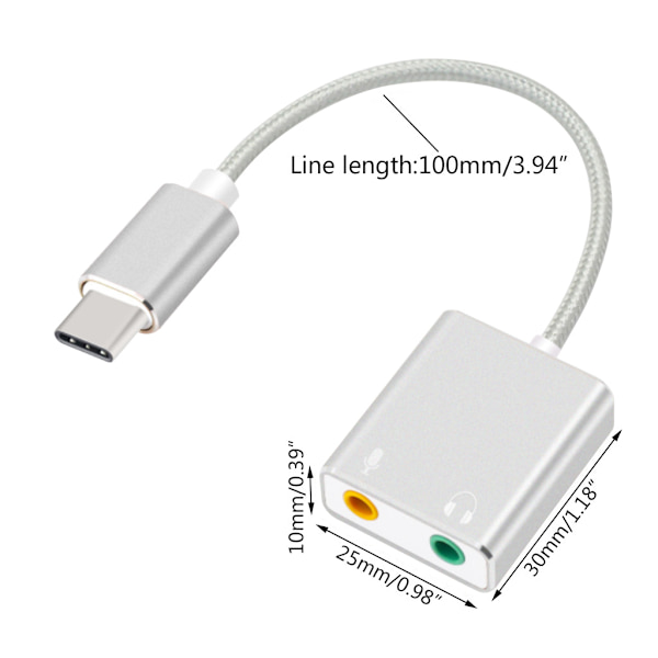 USB C Eksternt Lydkort 7.1 Kanal Lydkortadapter med 3.5mm Jack
