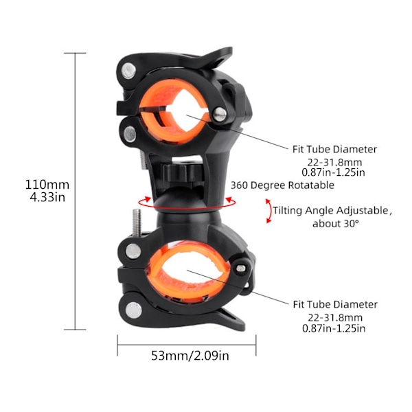 360º roterende sykkellyktklemme Sykkellysholder Sykkeltilbehør Black orange