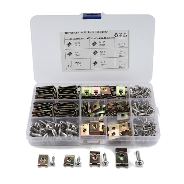 200 stykker 4 størrelser U-møtrik Clips, U Clips, Auto Car Metal Clip møtrikker til Motorcykel Automotive Reparation Udskiftning