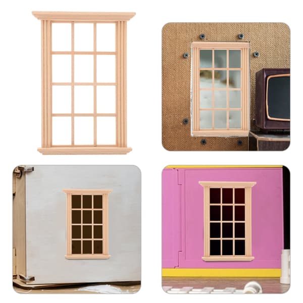 Set med 4 miniatyrfönster i robust trä för dockhus och modellvisning