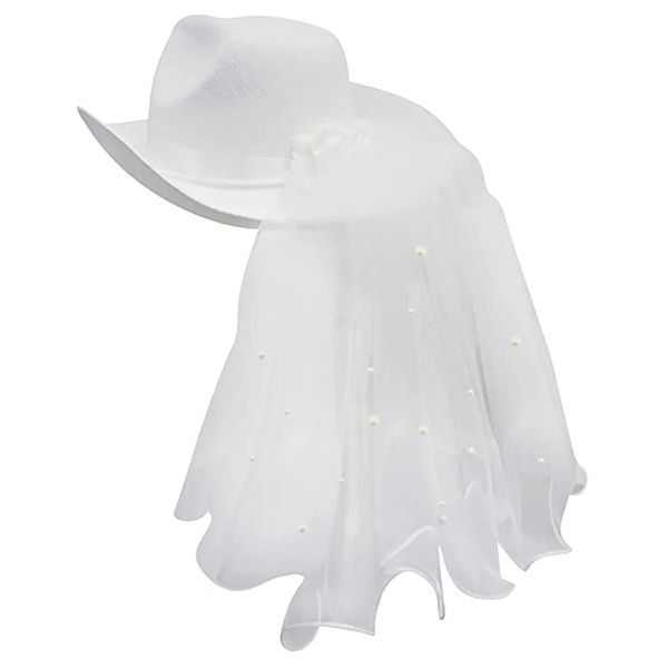 Elegant brud för solen för skydd Bröllopsfest Jazzhatt med pärldekor Lång slöja Brud Cowboyhatt Top Cap med Lar