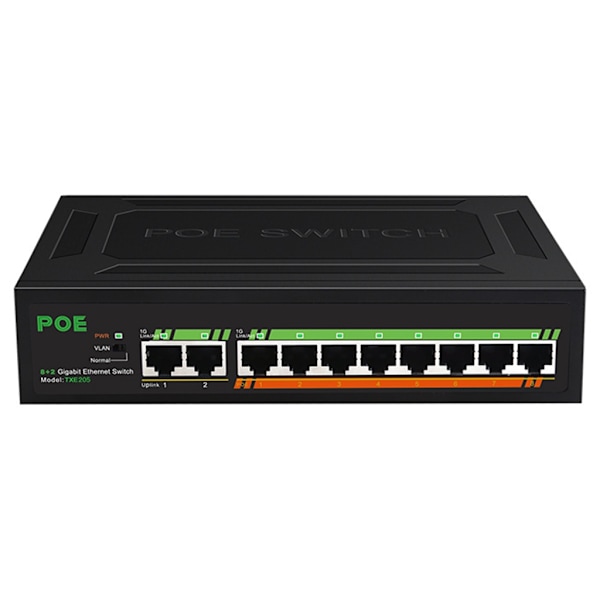 8-portars Gigabit PoE-switch +2-upplänkar 1000M inbyggd power VLAN Lsolation