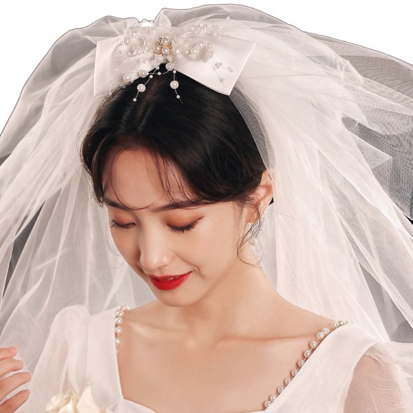 Bryllup brudeslør Multi Layer med perler bånd Sløjfe dekoration til brude