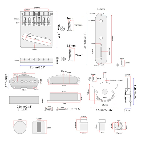 Elektriske gitardeler 3-veis bryterkontrollplate 6-strengs gitarhals pickups