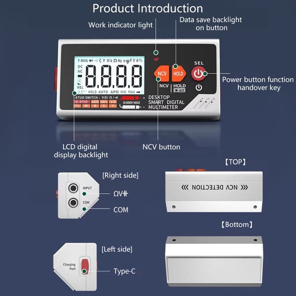 Digitalt multimeter med lydadvarsel, temperaturvisning og automatisk slukning