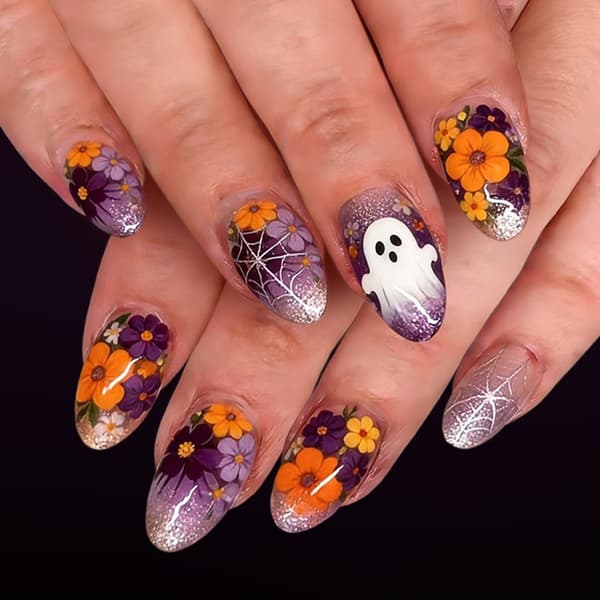 Lilla gradientfarge Halloween Press On-negl med dyrenettkunstdesign