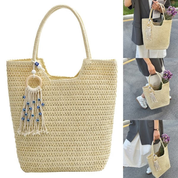 Moderigtig strå strandtaske med stor kapacitet håndtaske til rejser og shopping Khaki