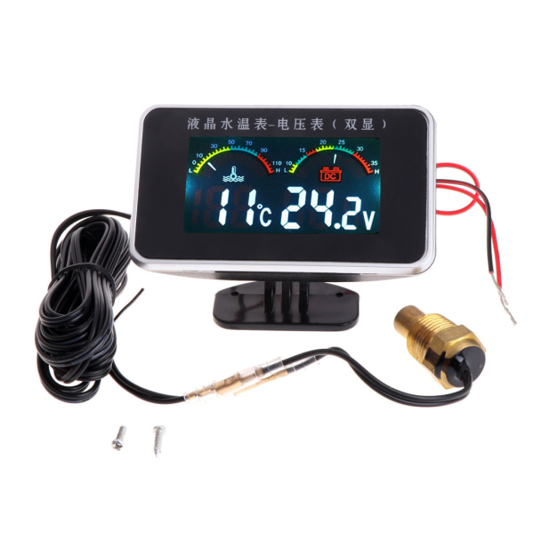 12V/24V bil-LCD Vattentemperaturmätare Termometer Voltmätare - 2-i-1 Temp & Spänningsmätare 17mm Sensor