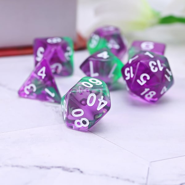 7 kpl läpinäkyväsivuiset noppaa D4 D6 D8 D10 D12 D20 Dungeons & Dragon D&D RPG Poly Blue purple