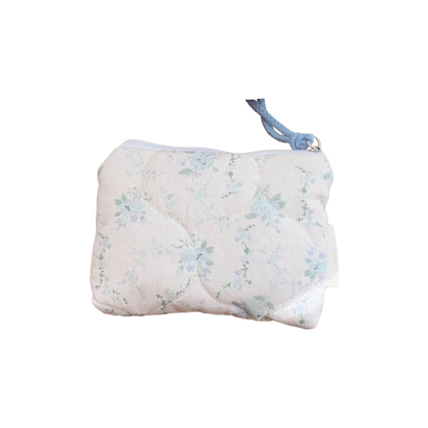Quiltet makeuptaske Bomuldsmøntpung Sødt blomstermønster bærbar opbevaringstaske Light blue