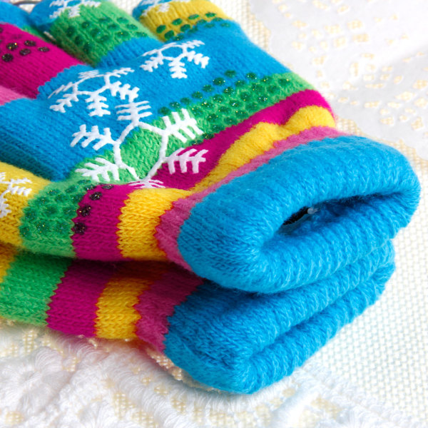 Höst Vinter Barn Bi-layer Thickened Snow Print Färgade Garn Sticka Handskar Color