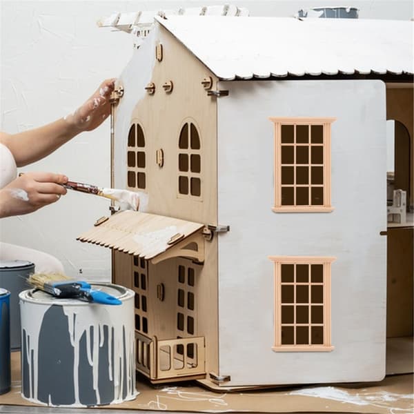 Set med 4 miniatyrfönster i robust trä för dockhus och modellvisning