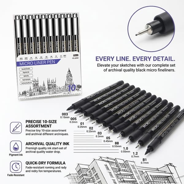 10 STK Finelinere Tekniske Tegnepenner Sett For Arkitekter